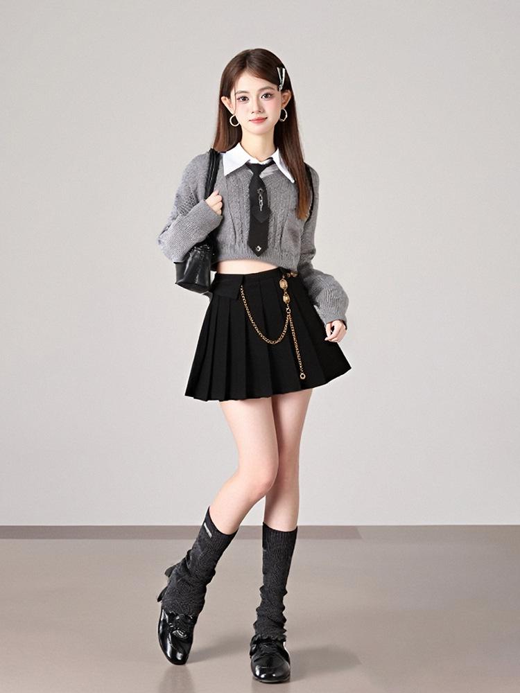 2025 Slimming Woolen Pleated Half Skirt with Waist Chain