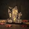 Immersive Lighted Holiday Figurine 3D Halloween Village Haunted House Figurine, Spooky Light Up Wooden Castle Ornament Festival Interior Furnishing