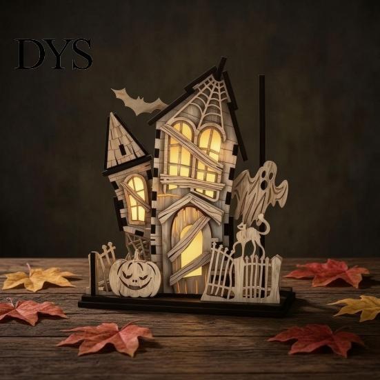 Immersive Lighted Holiday Figurine 3D Halloween Village Haunted House Figurine, Spooky Light Up Wooden Castle Ornament Festival Interior Furnishing