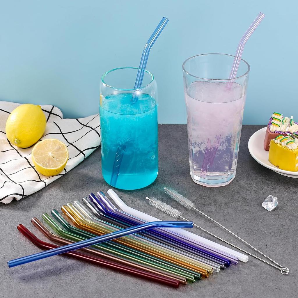 14 Pcs Reble Bent Colorful Glass Straws,9''x8 Mm Shatter Resistant Cute Drinking Straws with 2 Cleaner Brush for Coffee,Juice,Cocktail,Teas,Beverages