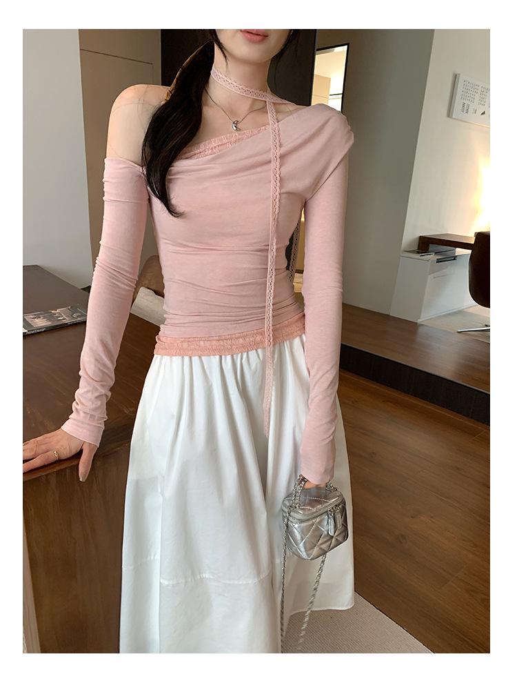 Spicy Girl Halter Neck Lace Ribbon Top 2025 – Chic, Stylish Women's T-Shirt with Pure, Elegant Design