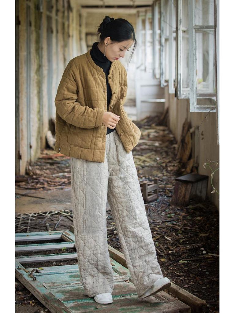 Women's New Style Winter Quilted Plaid Cotton Jacket: Fashionable Literary Short Ramie Coat
