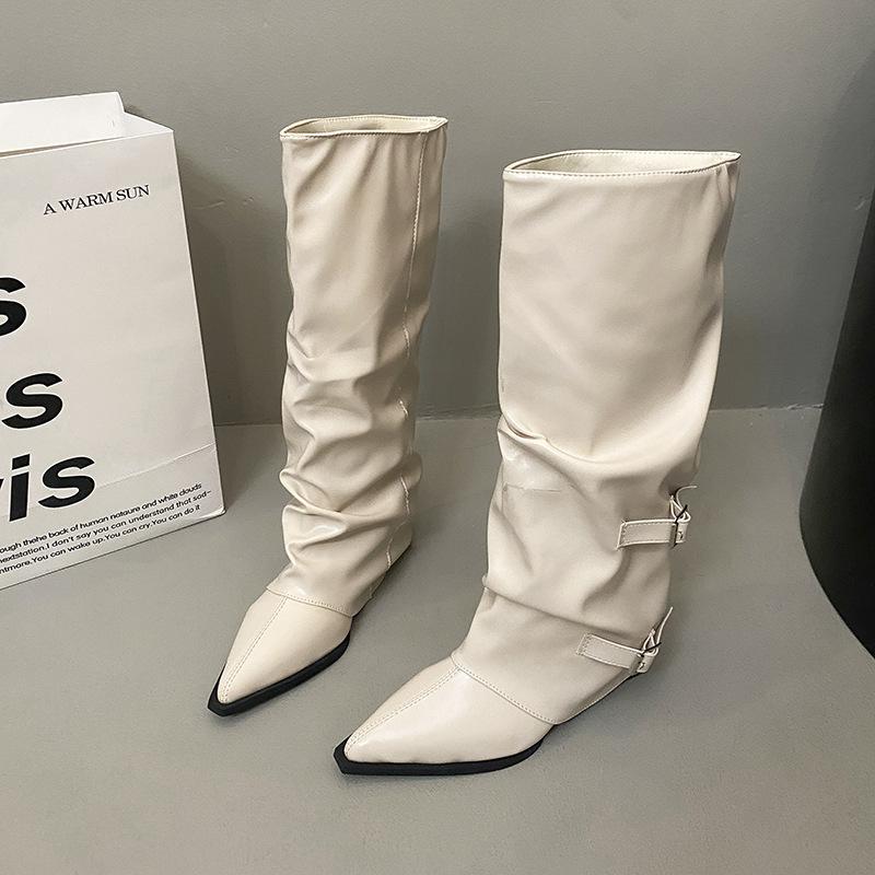 2025 Autumn and Winter New Pointed Thick Heel Niche Thin Boots But Knee Fashion Boots Soft Belt Buckle Trouser Tube Boots