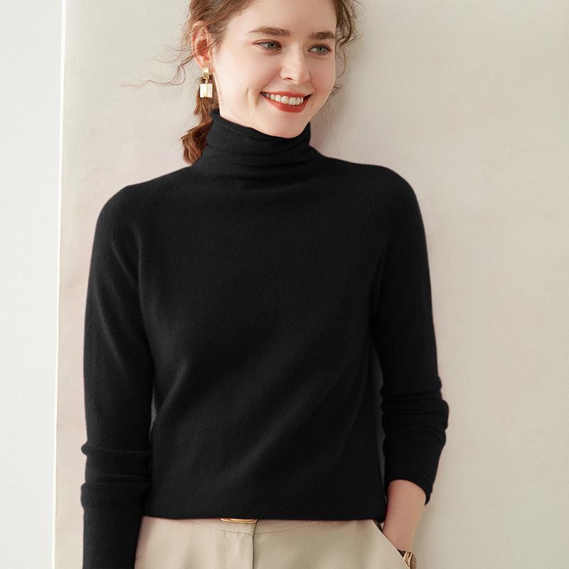 Women's Cashmere Sweater: Rolled Hem, Pile Collar, Solid Color, Loose Fit, Slimming Raglan Sleeve, Pure Wool Knit.
