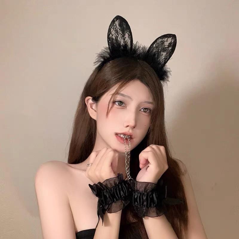 Rabbit Ears Headband Cosplay Short Hairy Hair Accessories Lace Edge Headband Adult Pressure Hairpin Headgear Female