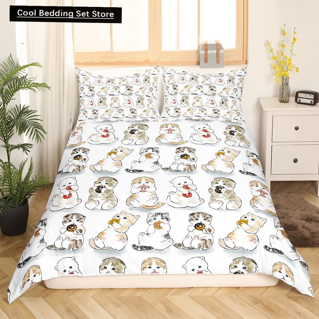 Cute Cat King Queen Duvet Cover Kitten Bedding Set Purple Floral Butterflies Polyester Quilt Cover Pet Animal Comforter Cover