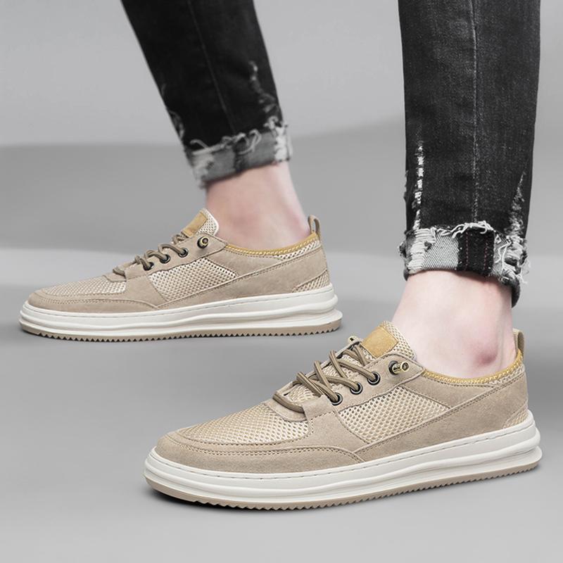 Lightweight Genuine Leather Breathable Skate Shoe Lace Up Sneakes Mens Vulcanized Shoes Mesh Surface Man Casual Sports Shoes