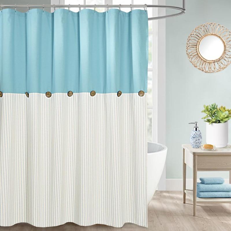Farmhouse Shower Curtain,Beige and Black Stripe,Button Curtain,Linen and Cotton Woven Fabric,Rustic Charm Country Chic Style