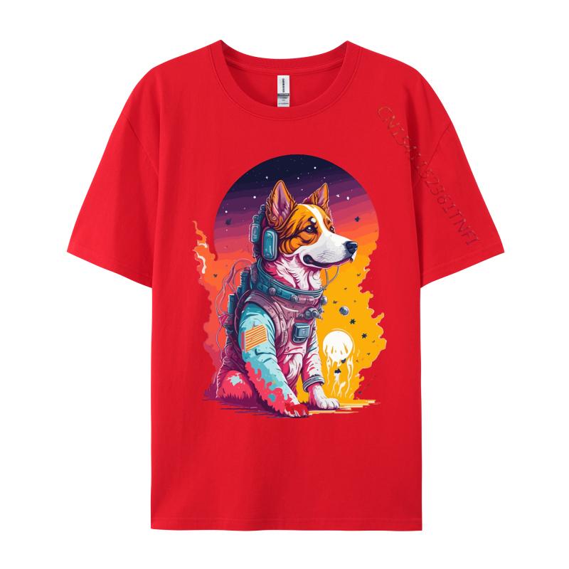 Hunde Astronauten Sonnenuntergang T-Shirt Druck Premium Baumwolle Rundhals Herren T-Shirts Hundeshirt Für Jungs Grafikshirts Herren