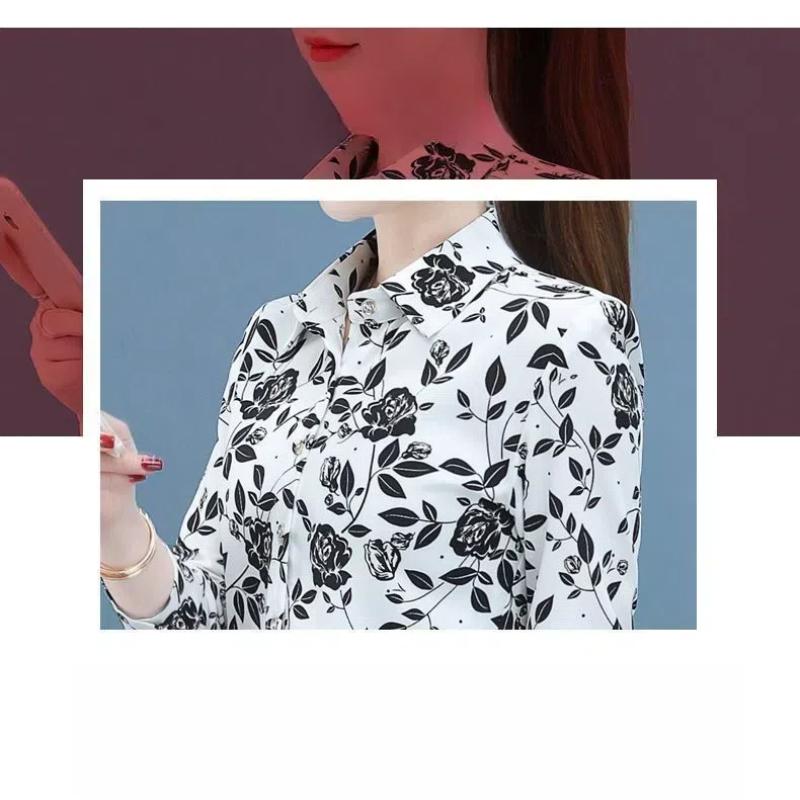 Spring Autumn Turn-down Collar Women's Clothing Long Sleeve Button Up Plant Flowers Printing Cardigan Shirt Casual Elegant Tops
