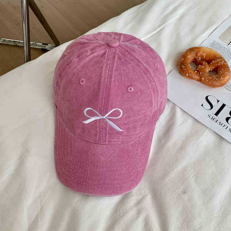 Korean-style vintage washed distressed bow baseball cap for women, new summer hat, gray American-style duckbill cap