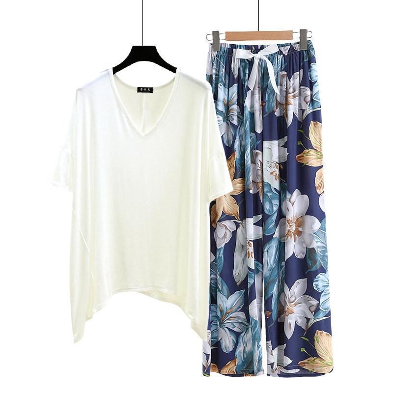 irregular Tshirt and floral wide leg pants summer women's casual pajamas sets Short sleeve homewear suit Loose lightweight Loungwear Plus size