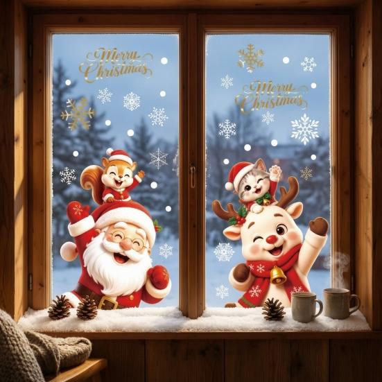 Double Sided Window Ornaments 2Pcs Christmas Clings, Santa Claus Elk Static Decals, Festive Shop Supplies Removable Cute Cartoon Holiday Stickers for