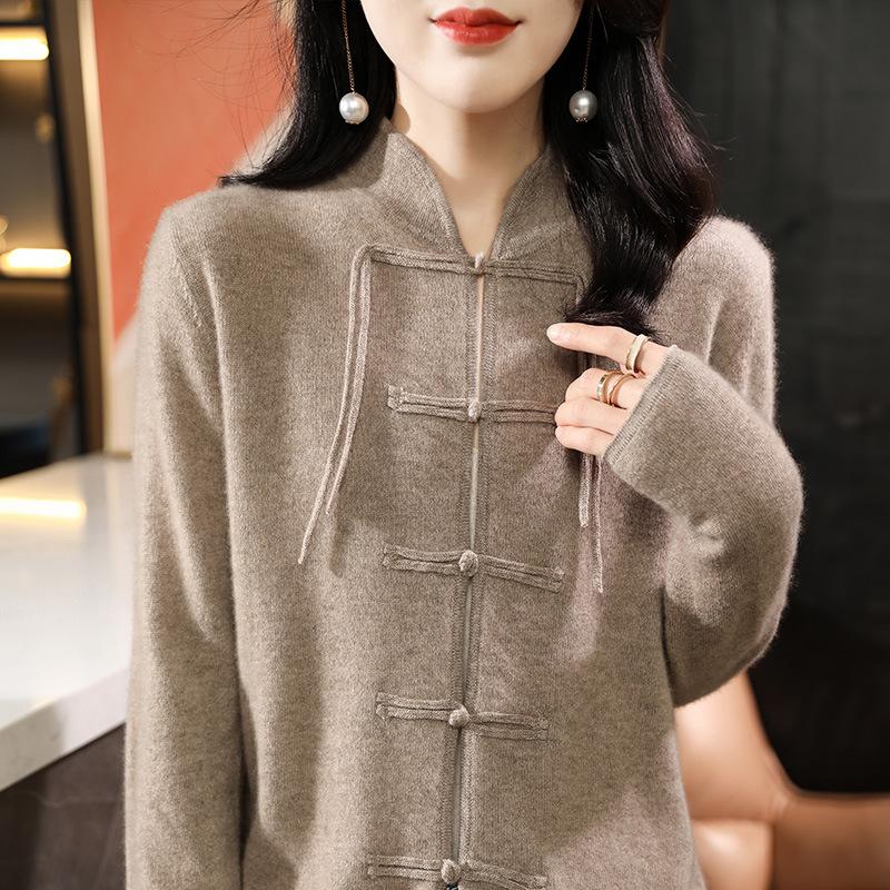 Cardigan de lână de sine stătător în stil chinezesc pentru femei Toamna și Iarna Top tricotat nou din cașmir Jachetă de lână cu nasturi retro versatilă