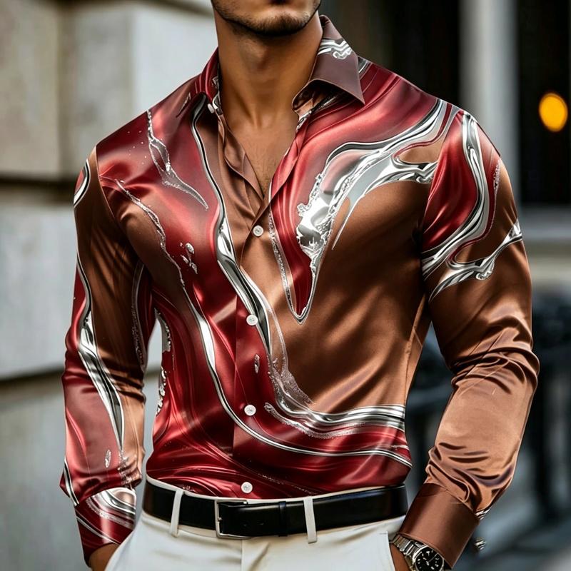 Camisa de Manga Larga Estampada con Arte Fluido de Mármol para Hombre Lujo Resort Nightclub Uso Diario Cuello Botón Top para Hombre Camisa de Moda