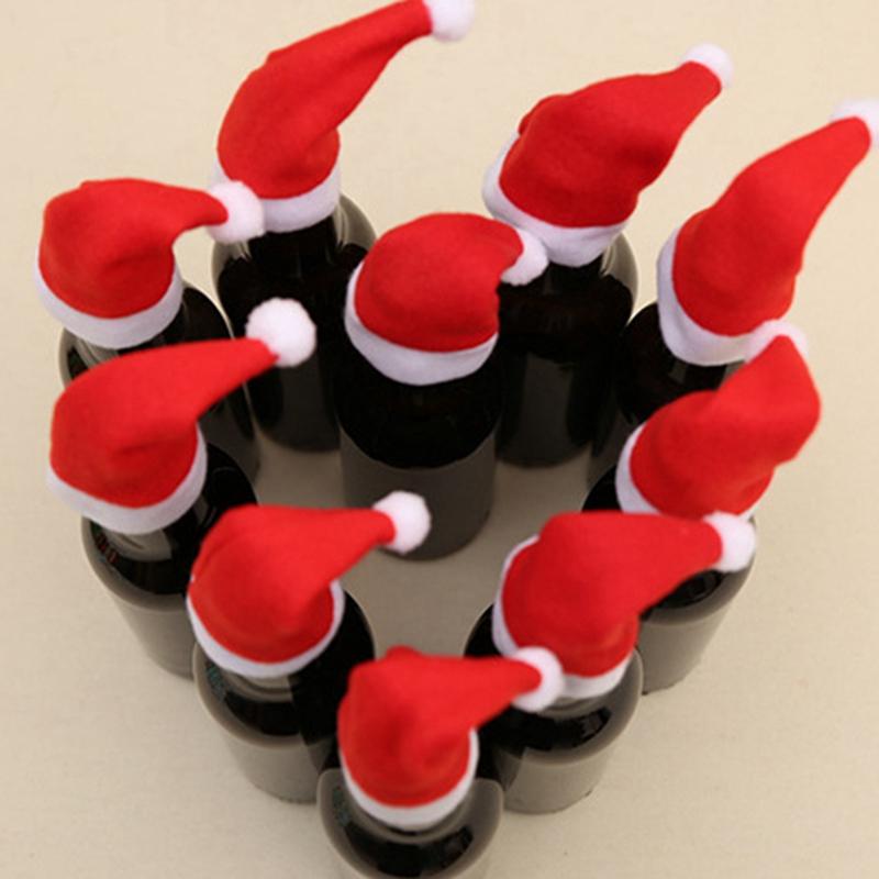 10Pcs Christmas Hat Wine Bottle Cover Plush Tableware Pocket Cartoon Table Decoration Accessories For Home Dinner Party Holiday