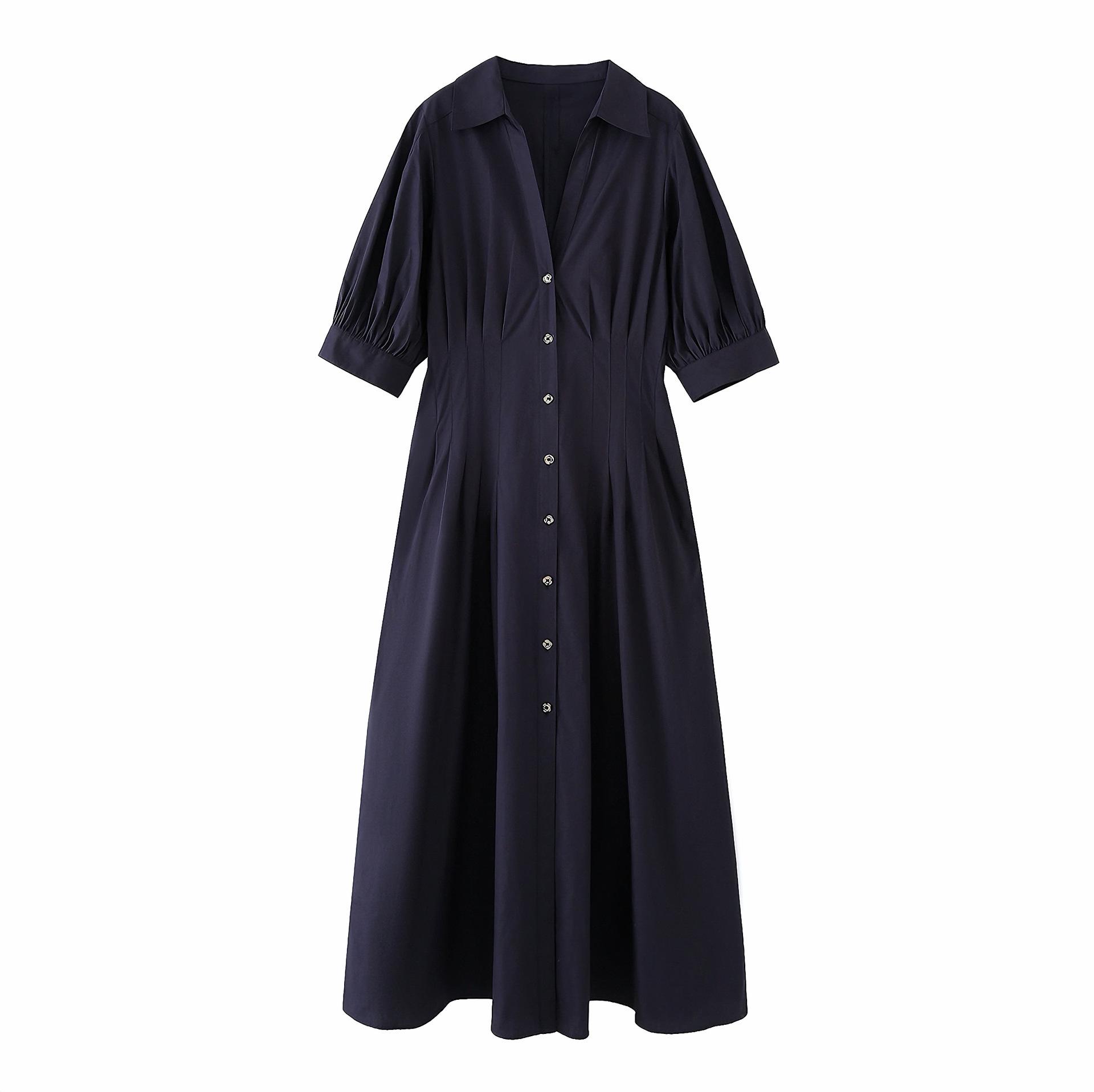 

Spring 2026 European & American Style Women s Lapel Puff Sleeve Poplin Midi Dress Extra Small
