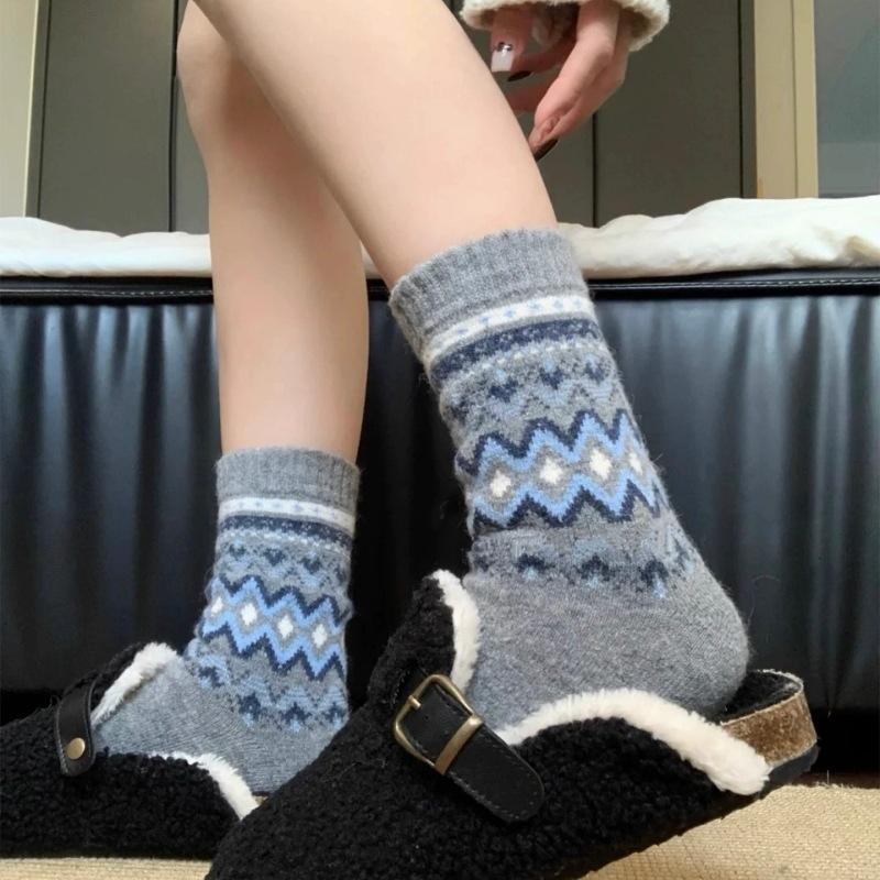 Fleece Wool Socks Warm Fleece Thickened Upgraded Style Second-Generation Retro National Warm Mid-Tube