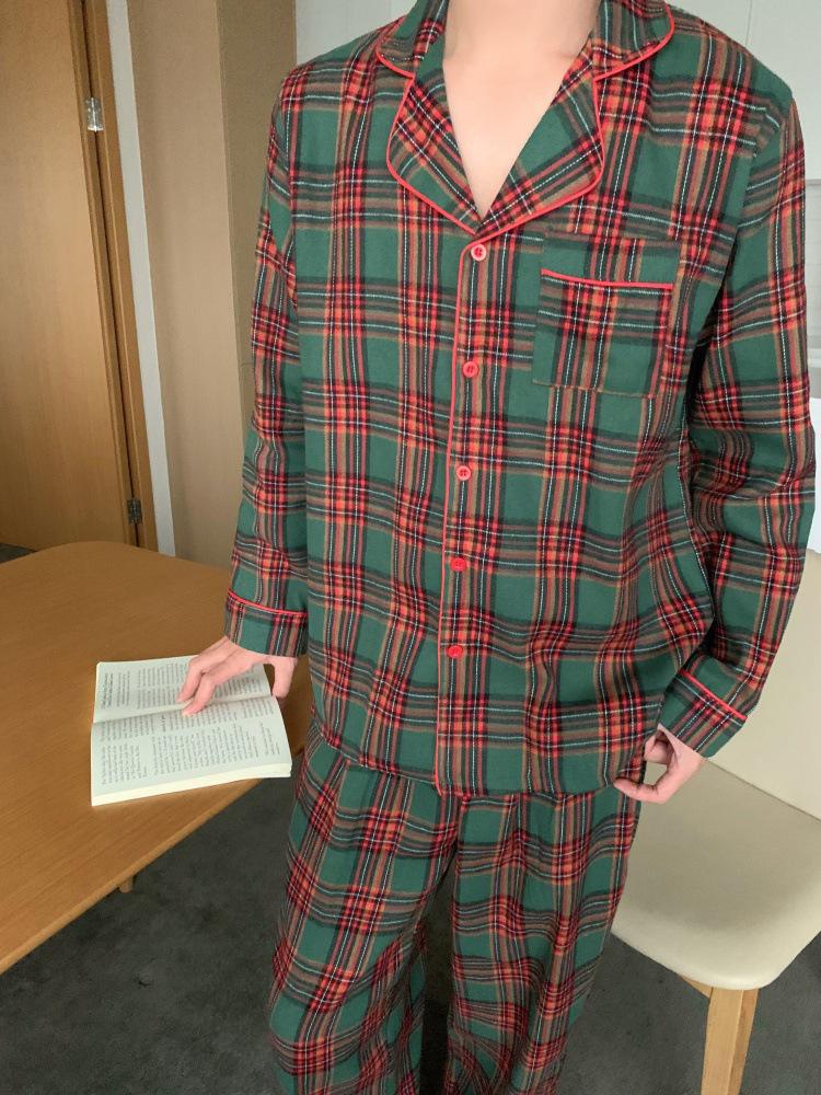 Vánoční kostkované párové pyžamo v korejském stylu s límečkem Petra Pana