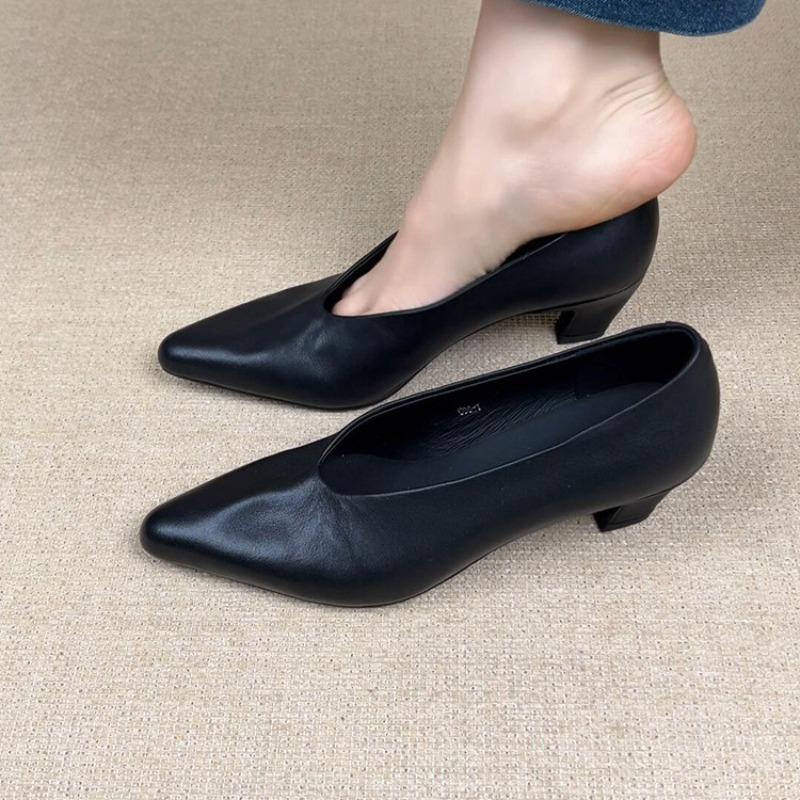 New Black High Heel Dress Shoes for Woman Spring Pointed End Shallow Vintage Office Work Shoes Pumps Zapatos