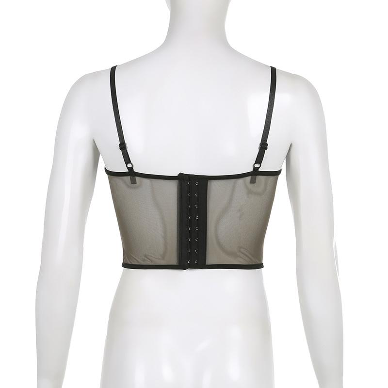 Frauen Spitze Mesh Mesh Spleißen Fisch Knochen Schlank Kleine Weste Freigelegtes Schlüsselbein mit Brust Pad Perspektive Hosenträger Tops