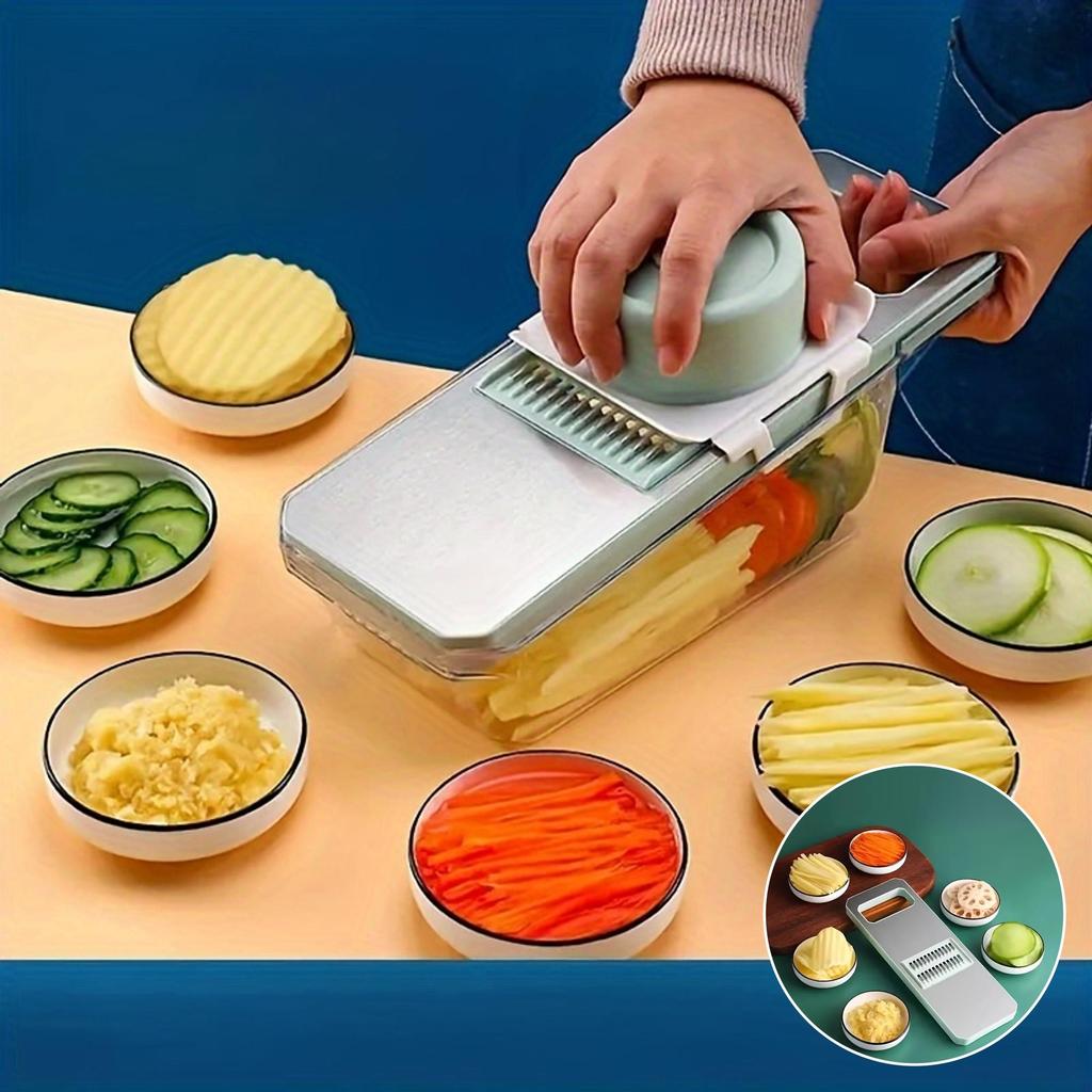 7 delar multifunktionell grönsaksskärare och rivjärn i rostfritt stål, utbytbara blad, manuellt köksverktygssats för potatis, morötter