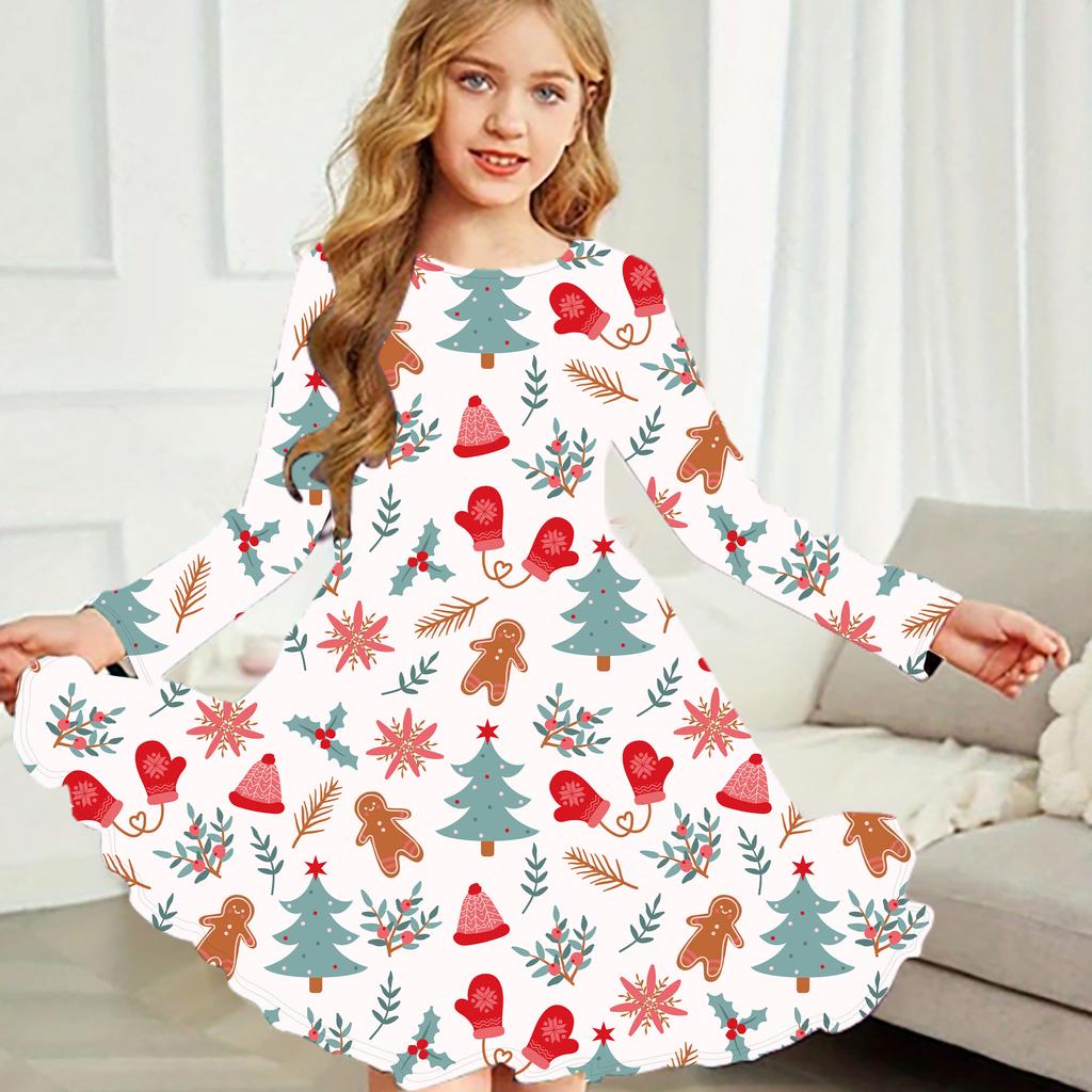 Girl Casual Christmas Small Items Print Round Neck Long Sleeve Dress Kid Princess Dress
