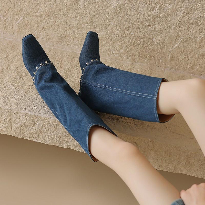 Punk Designer Western Boots Trouser Pants Boots Riveted Wedge Heels Cowboy Knee High Boots Plus Size Leather Women's Shoes 34-42