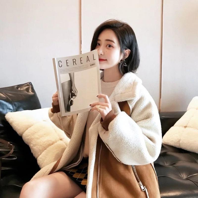 Deerskin Fleece Jacket Women's Autumn and Winter Short Small Loose Thickened Fur Integrated Fried Street Lamb Fleece Locomotive Clothing