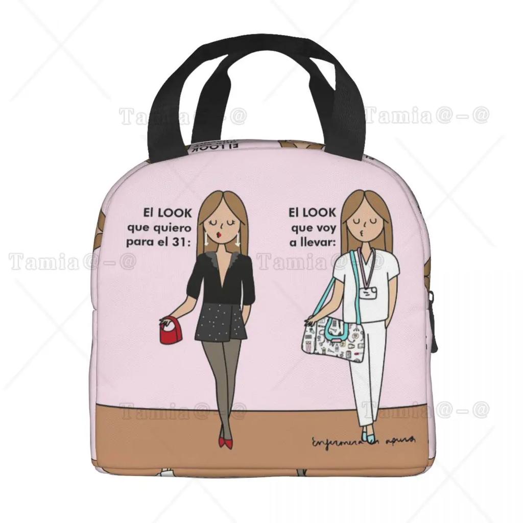 Cartoon Ladies Nurse Printed Lunch Bag for Women No Paro De Doblar Enfermera En Apuros Insulated Cooler Oxford Food Tote Bags