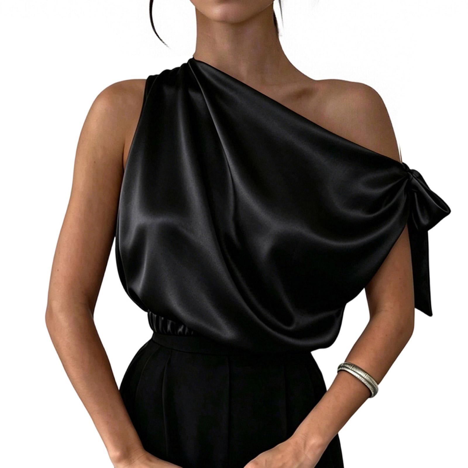 

Satin Asymmetric One Shoulder Blouse for Women with Off Shoulder Elegant Top Shirt XL чёрный