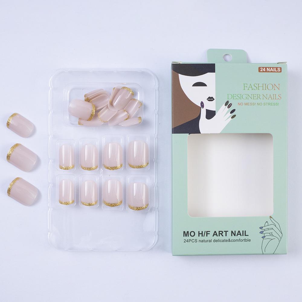 Gold Glitter Edged Nude Simple Wearable False Nails - European and American Style