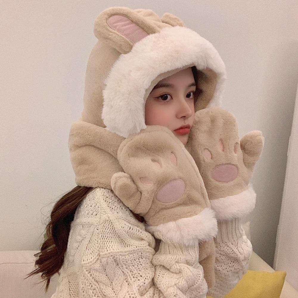 Windproof Integrated Cap Scarf Gloves Soft Plush Neck Warmer Winter Beanie Hat Scarf  for Women