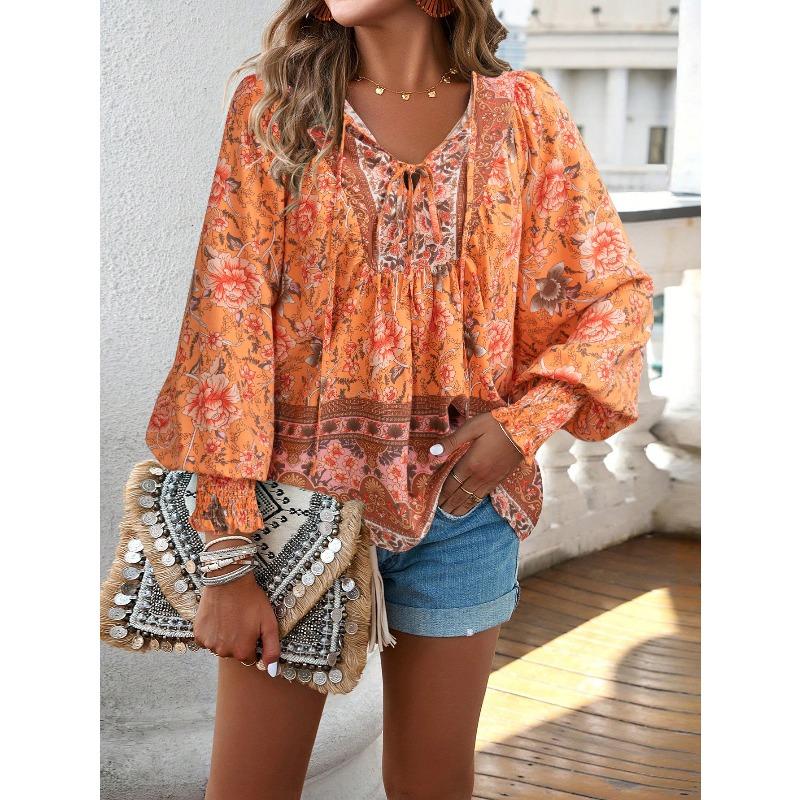 TIFICY Damenmode, lässig, Frühling und Herbst, Blumenmuster, bedruckt, langärmelig, V-Ausschnitt, Blusen und Hemden