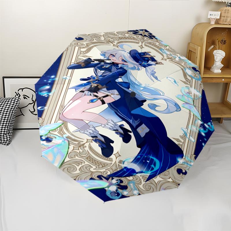 Genshin Impact Furina Print Automatic Umbrella, 8 Rib Iron Frame, Plastic Handle, Suitable for Outdoor Travel &Daily , Ideal Gift