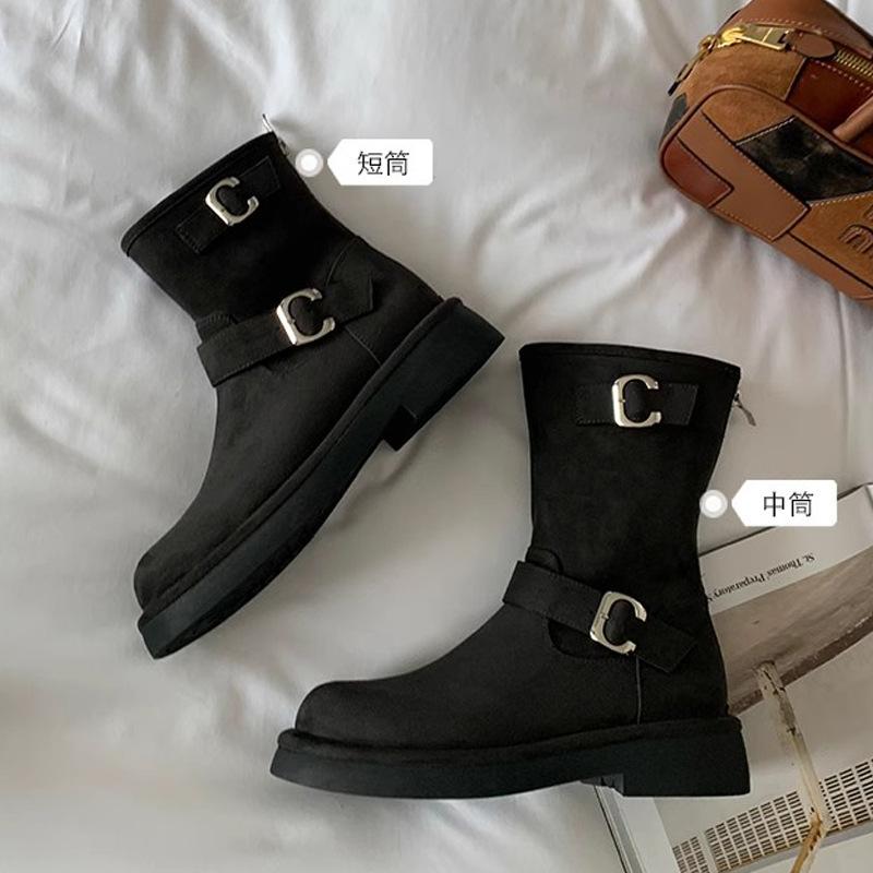 Leather medium boots women's autumn and winter new retro locomotive buckle with round head thick sole heightening western knight Martin boots