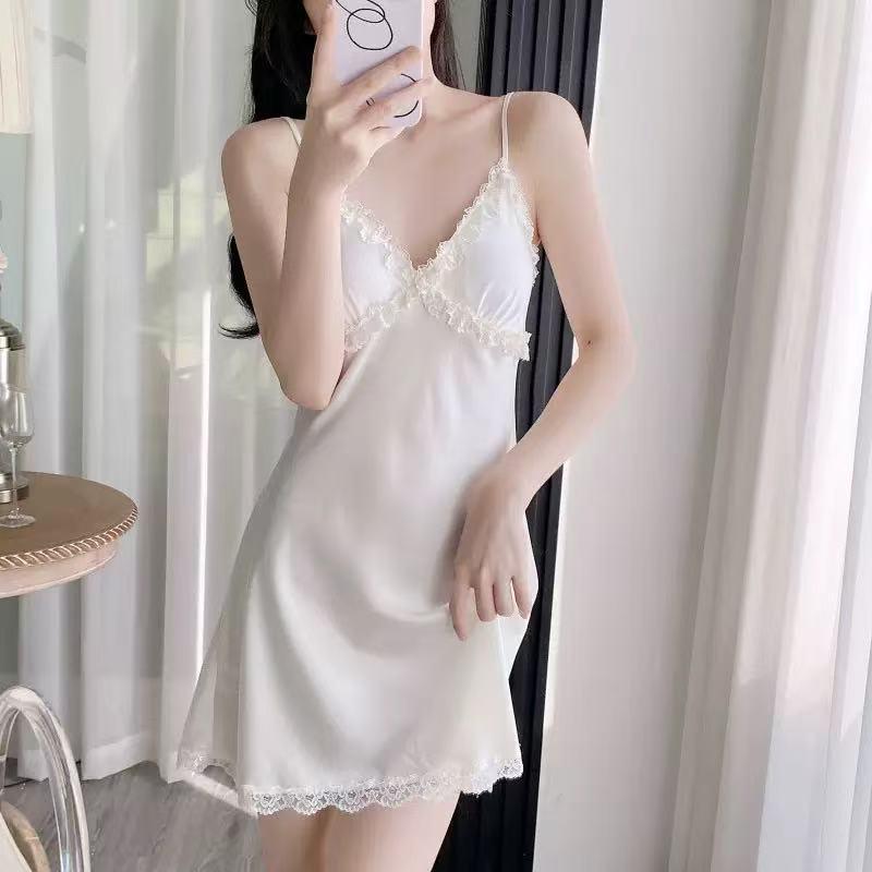 Ice Silk Lace Hem Camisole Nightgown with Chest Pads - Sexy Summer Pajamas for Women