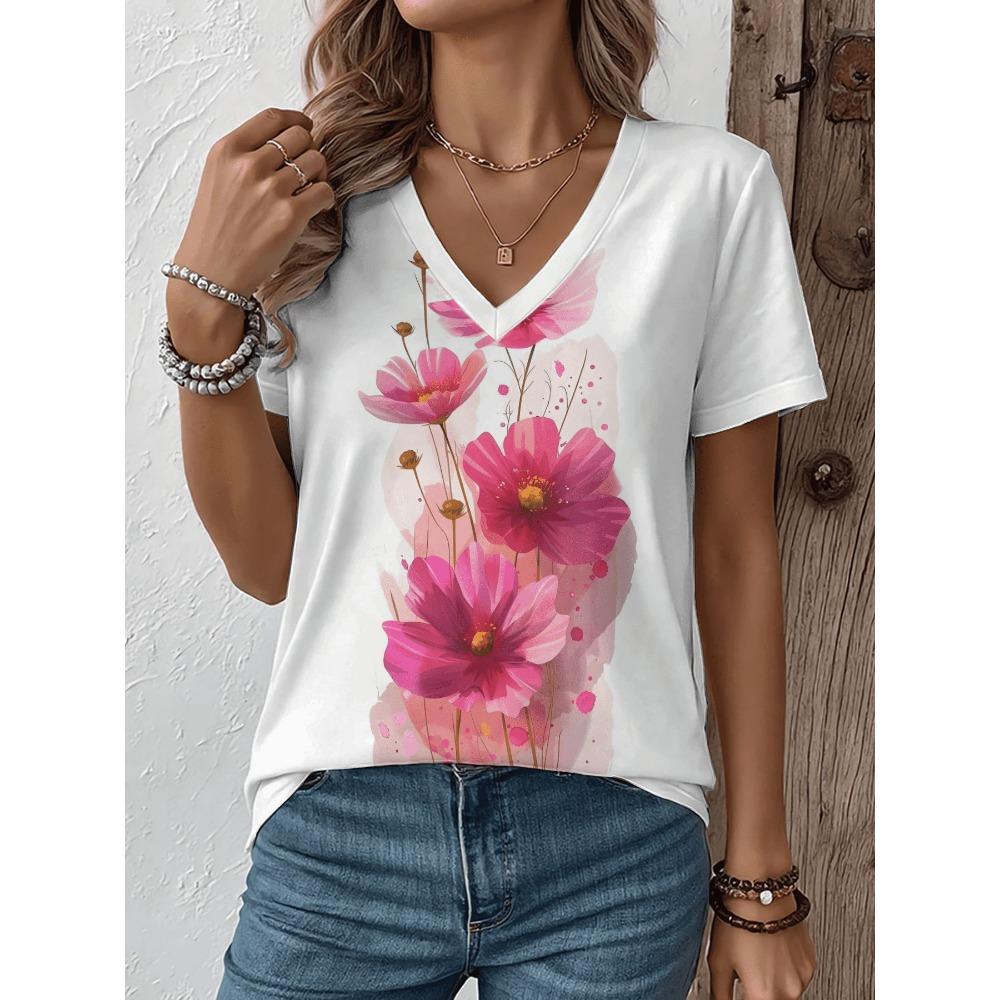 Multi pattern V-neck short sleeved T-shirt, fashionable women's T-shirt, printed basic top, street wear, summer oversized clothing, women's T-shirt