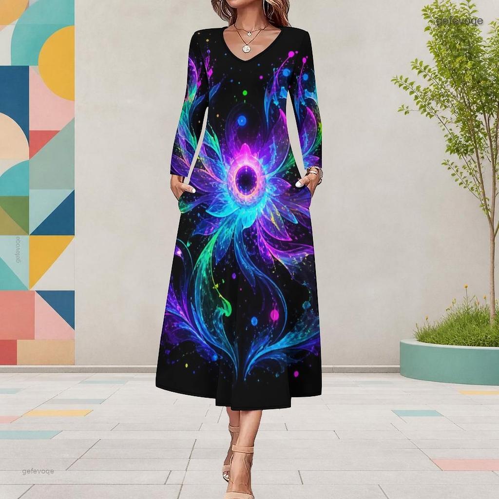 Women Plus Size V Neck Long Sleeve Black Multicolor Printed A Line Midi Dress With Pockets