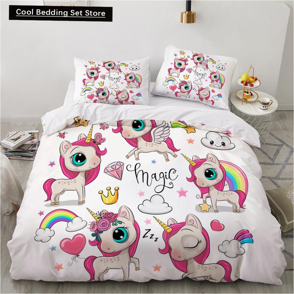 Children Kids Baby Pink Bedding Set Queen King Cartoon Unicorn White Duvet Cover Twin Full Colorful 2/3pcs Polyester Quilt Cover