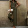 Women Sleeveless V Neck Two Piece Set Loose Fit Top with Tie Waist Wide Leg Pants Casual Lounge Outfit for Everyday Wear