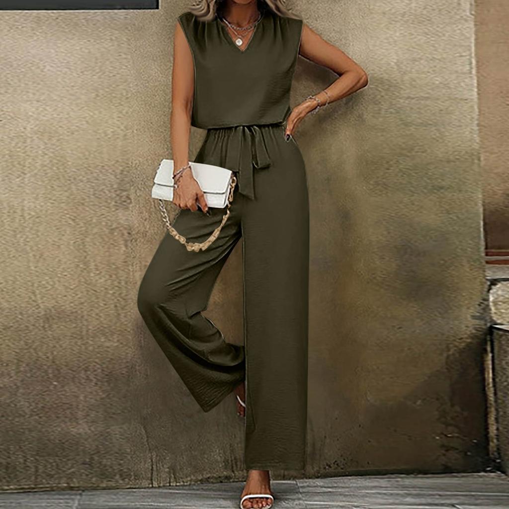 Women Sleeveless V Neck Two Piece Set Loose Fit Top with Tie Waist Wide Leg Pants Casual Lounge Outfit for Everyday Wear