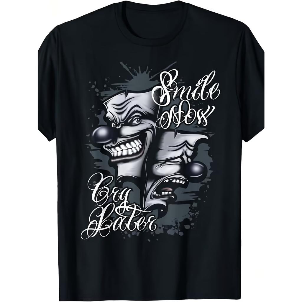Smile Now Cry Later Tattoo Art Graphic T-Shirt - Vintage Unisex Soft Breathable Crew Neck Tee with Smiling & Crying Face Design