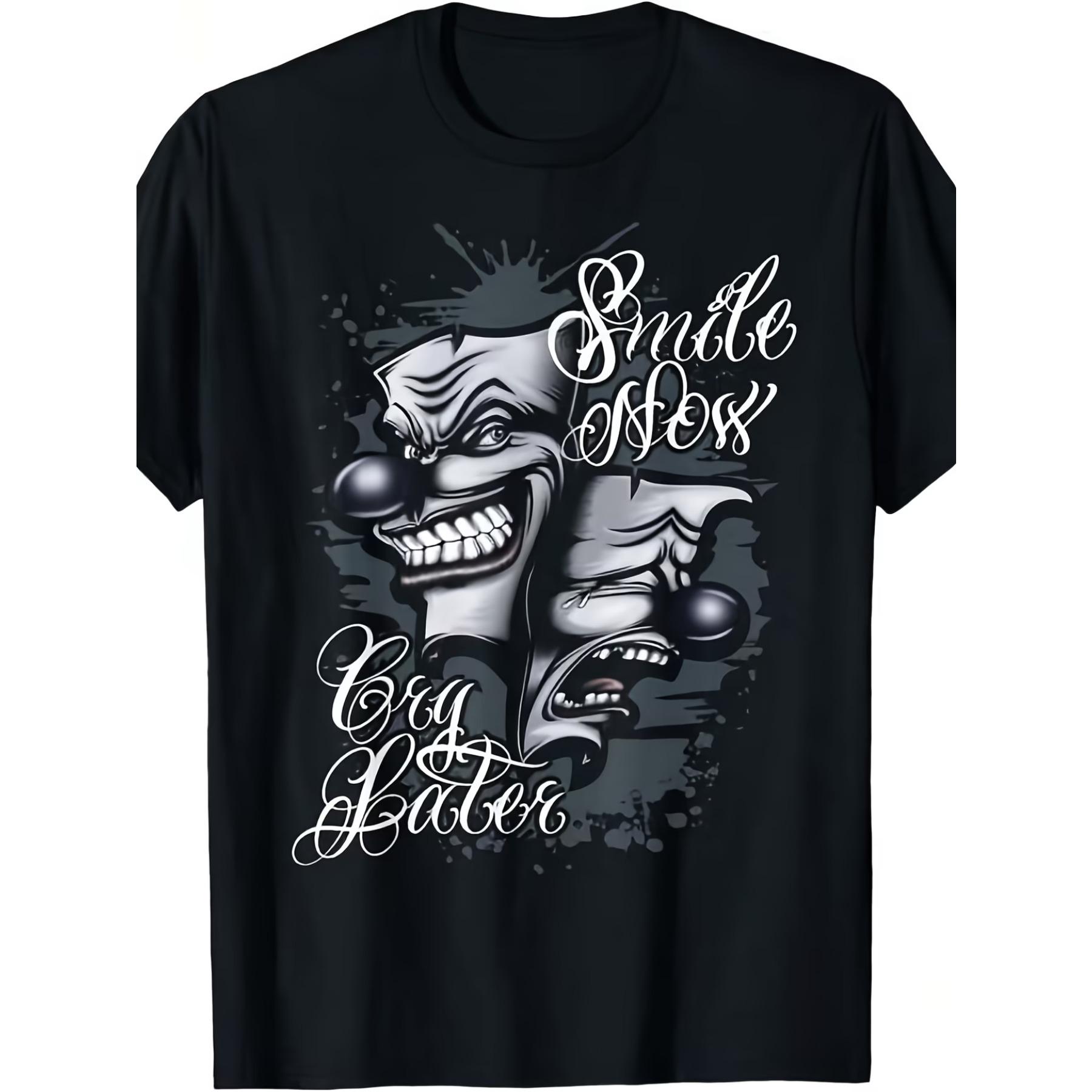 

Smile Now Cry Later Tattoo Art Graphic T-Shirt - Vintage Unisex Soft Breathable Crew Neck Tee with Smiling & Crying Face Design XXL чорний