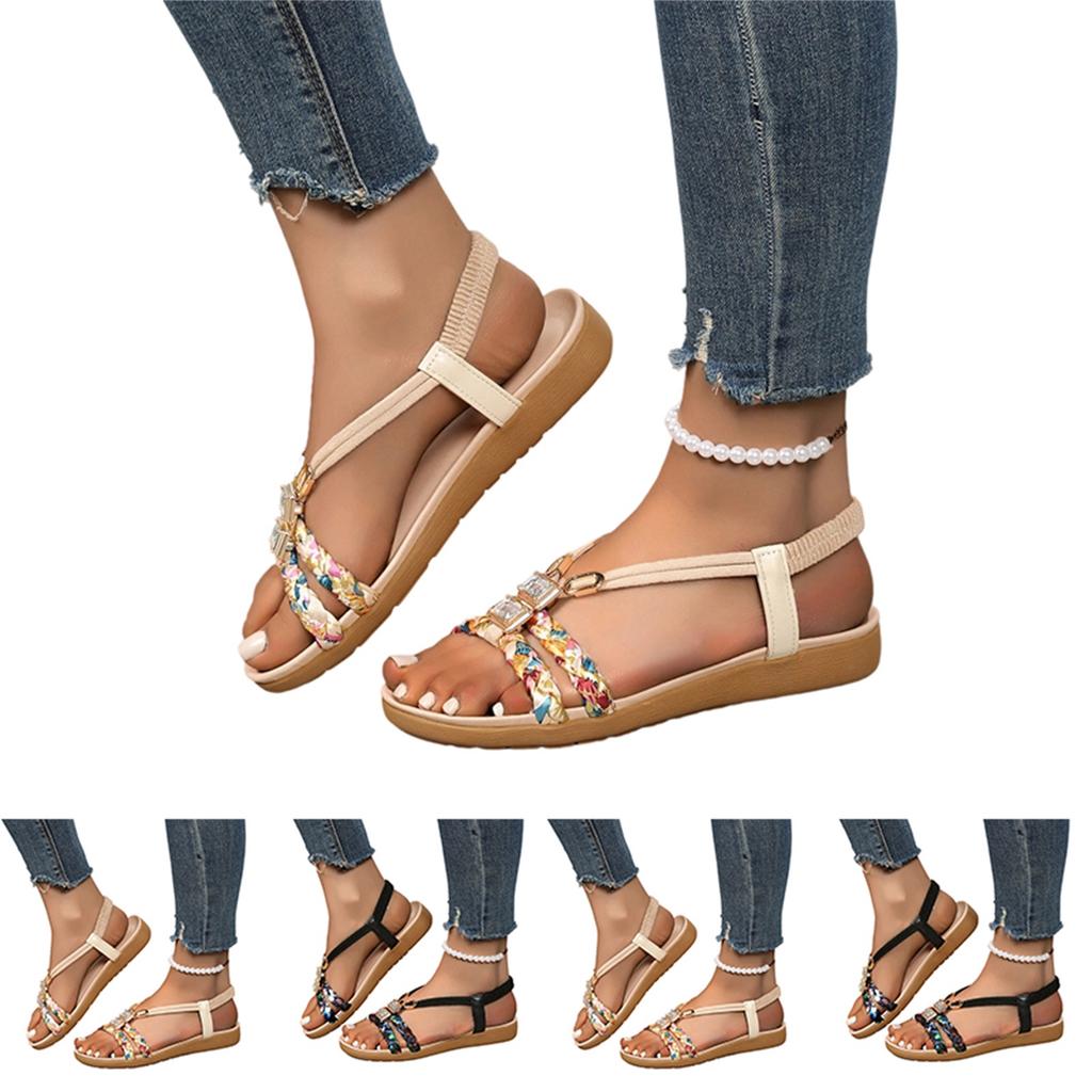 Women Plus Size Casual Round Toe Sandals with Braided Straps Rhinestone Embellishment Elastic Slingback Flat Sole Comfortable
