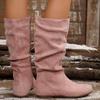 Autumn Winter Pink Mid Calf Boots Women 2025 Fashion Faux Suede Pleated Boots Woman Plus Size 36-42 Flat Heel Long Botas Mujer