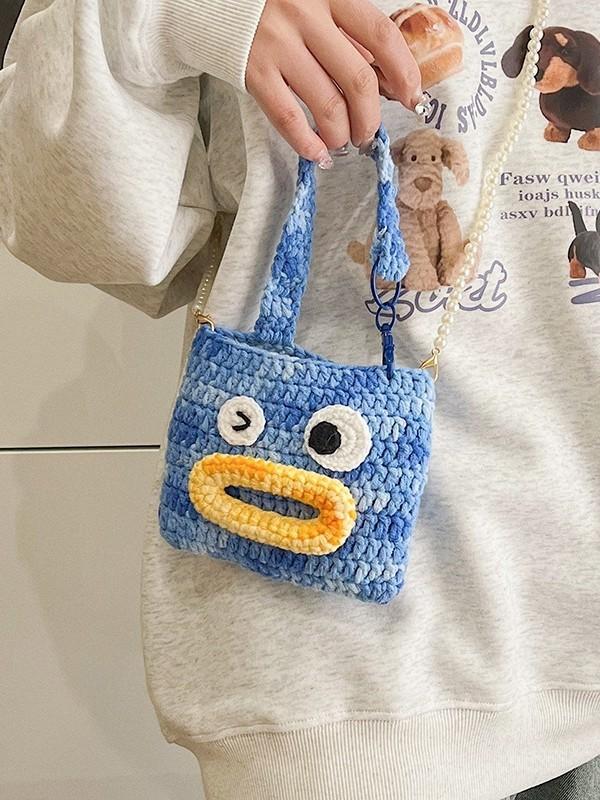 Knitted Cartoon Panda Shaped Coin Purse With Pearl Embellishments For Daily Use