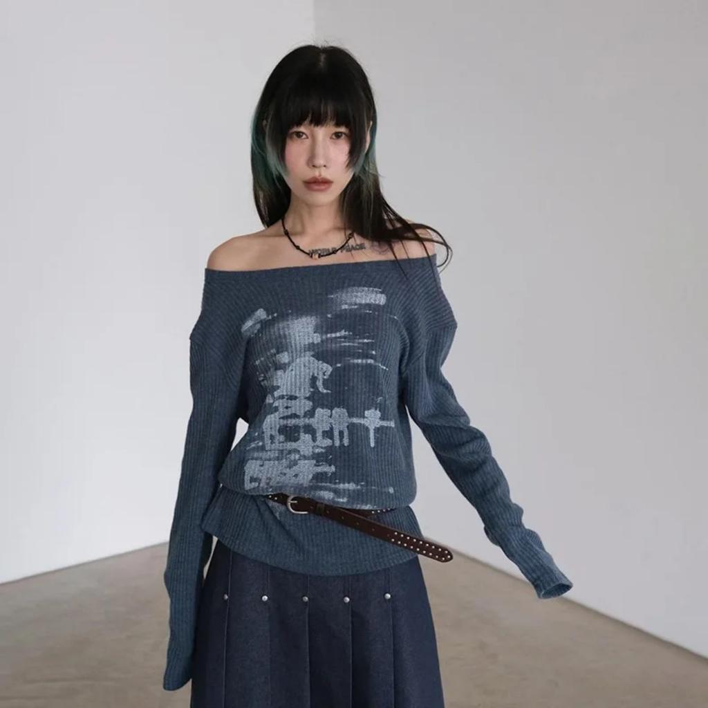 VAYLA Podzimní Harajuku Dámská Trička s Potiskem Vintage Streetwear Grunge Asymetrický Límec Topy Y2k Estetika Volné Ležérní Hiphop Vintage Topy