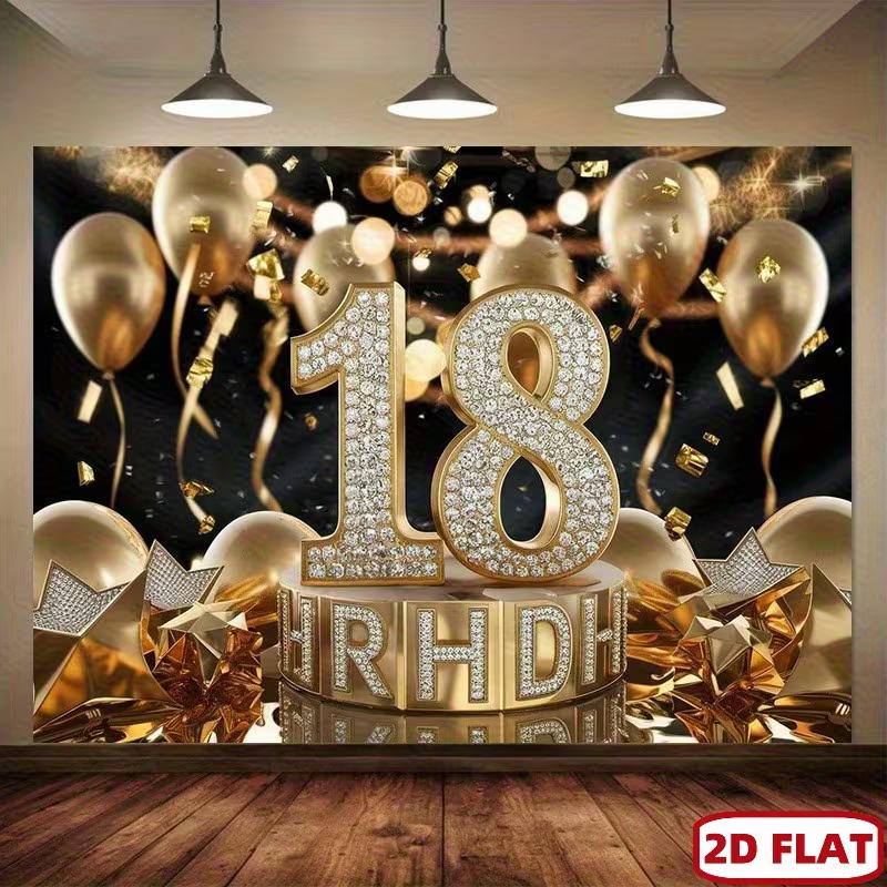 2D 18th Birthday Black Gold Glitter & Confetti Backdrop for Adult Party