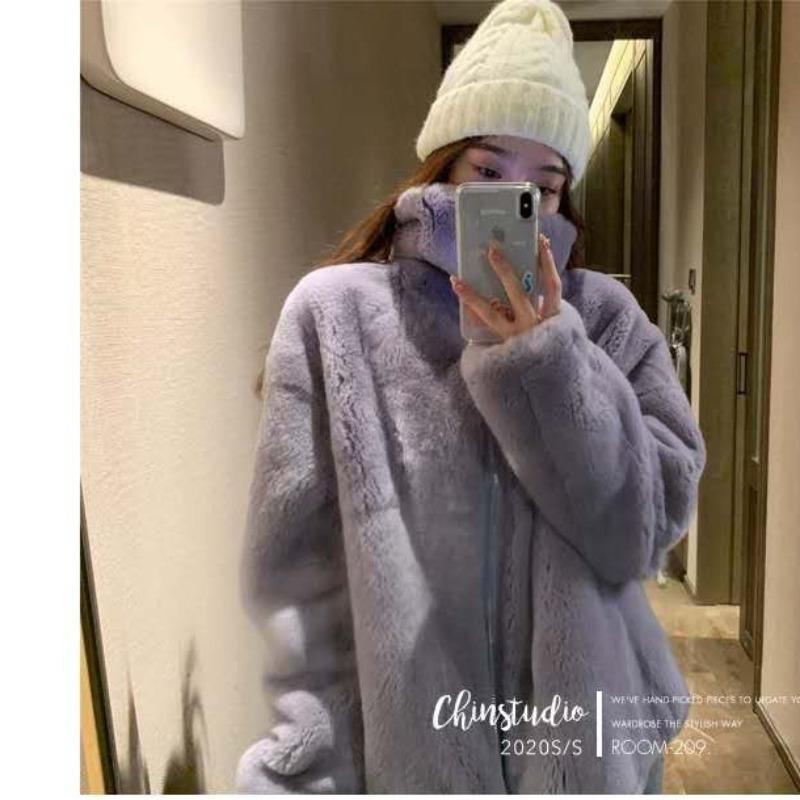 Imitation Rex rabbit fur coat women's 2 winter new fragrant stand-up collar plush loose hooded coat tide